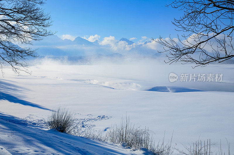雪的冬季景观Fuessen, Allgäu，巴伐利亚，德国